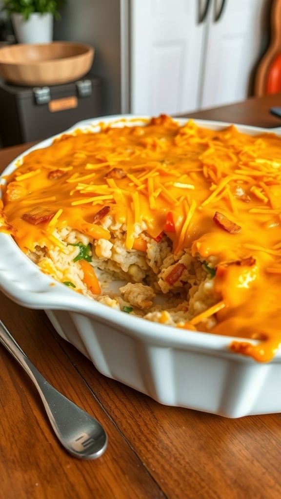 Cheesy Chicken and Rice Casserole Recipe A cheesy chicken and rice casserole in a baking dish, topped with melted cheese and mixed vegetables.